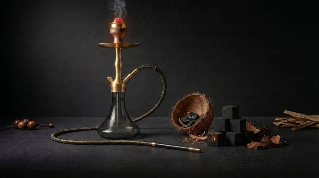 Artistic monochromatic illustration of a woman enjoying a hookah in a moody noir luxury setting.